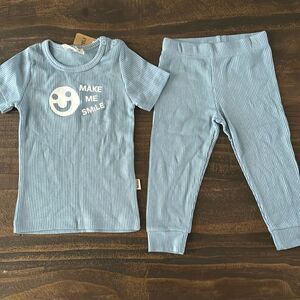 ORGANIC COTTON RIBBED PAJAMAS SET SMILEY FACE IN BLUE